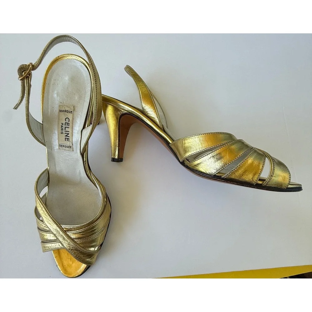 Vintage 70s-80s Celine Metallic Gold Slingback Heels 36 France Designer Luxe
